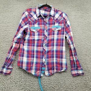 Southern Thread Shirt Womens XL Purple Plaid Corset Back Button Up Blouse